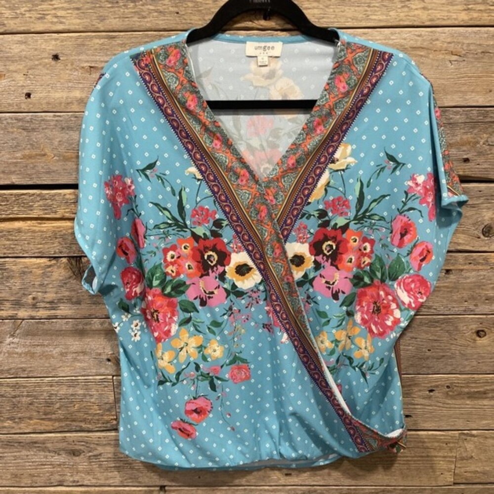 Umgee Women's Teal Floral Wrap Style Blouse Size Small Short Sleeve Loose Fit
